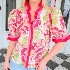 Brand New Entro Floral Ruffle-Trim Top in Pink and Green